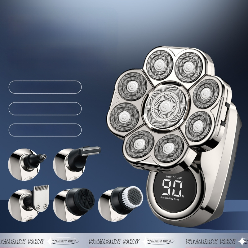 Elektriskais skuveklis ar rotējošu daudzslāņu galvu (>4), iekšējā akumulatora 500–800 mAh, darbības laiks 2 stundas, pilnīgi mazgājams