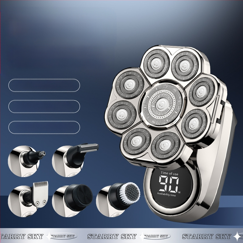 Elektriskais skuveklis ar rotējošu daudzslāņu galvu (>4), iekšējā akumulatora 500–800 mAh, darbības laiks 2 stundas, pilnīgi mazgājams