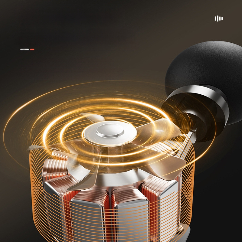 fasijos masažo įrankis su įkraunama baterija, be šepetėlių variklio, 4 antgaliai, 5 greičiai, 2000–4000 mAh baterija, triukšmas 36–45 dB