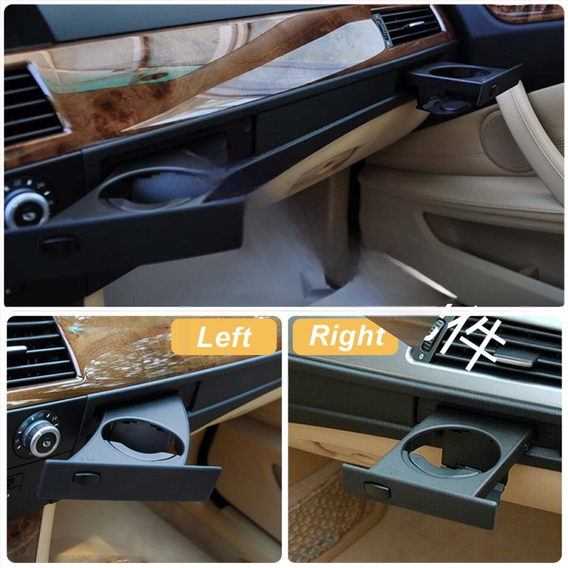 BMW E60 puodelio laikiklis – ABS, suderinamas su modeliais 525, 528, 530, 535, 545; montavimas prie prietaisų skydelio