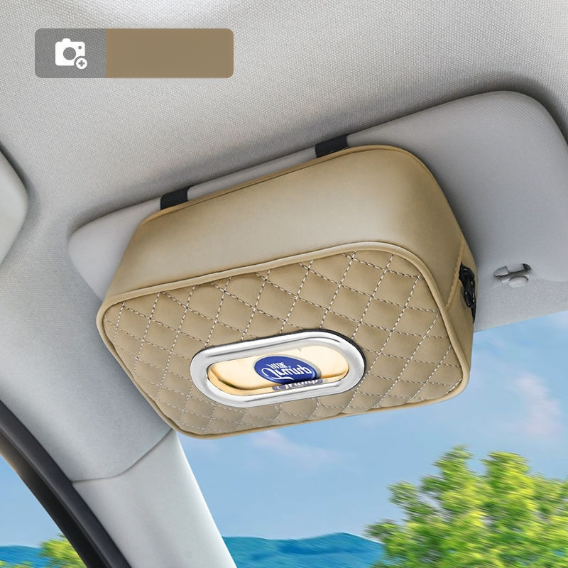 Youbeimei odinė automobilio servetėlių dėžutė su dirželiu, universalus automobilio vidinis priedas