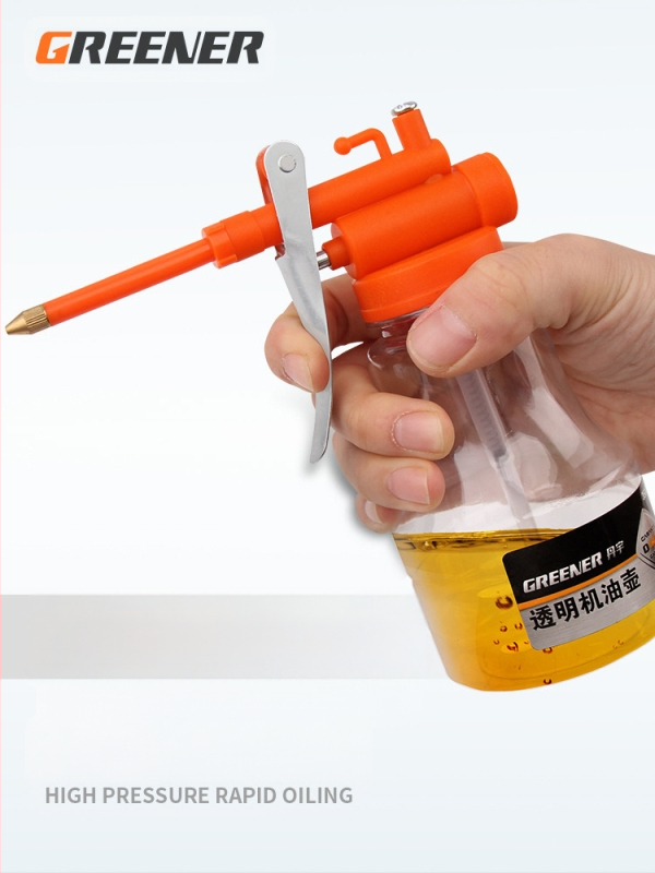 Namų naudojimui skirtas alyvos indas su ilgu antgaliu – rankinis tepalų įrankis, skaidrus korpusas