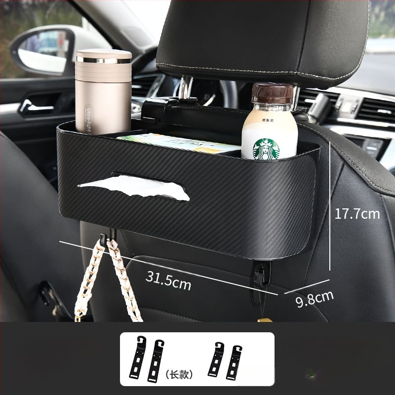 Automobilio servetėlių dėžutė — daugiafunkcinis galinės sėdynės organizatorius su puodelio laikikliu ir kabliuku; plastikas, vidutinio dydžio modelis, tinkamas plokščioms servetėlėms