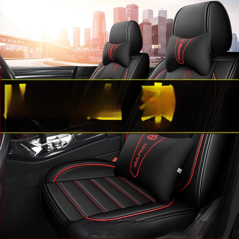 Universalus keturių sezonų automobilio sėdynių užvalkalų rinkinys iš mikropluošto odos, siuvinėtais kraštais, sportinio stiliaus, su išspausdintu logotipu