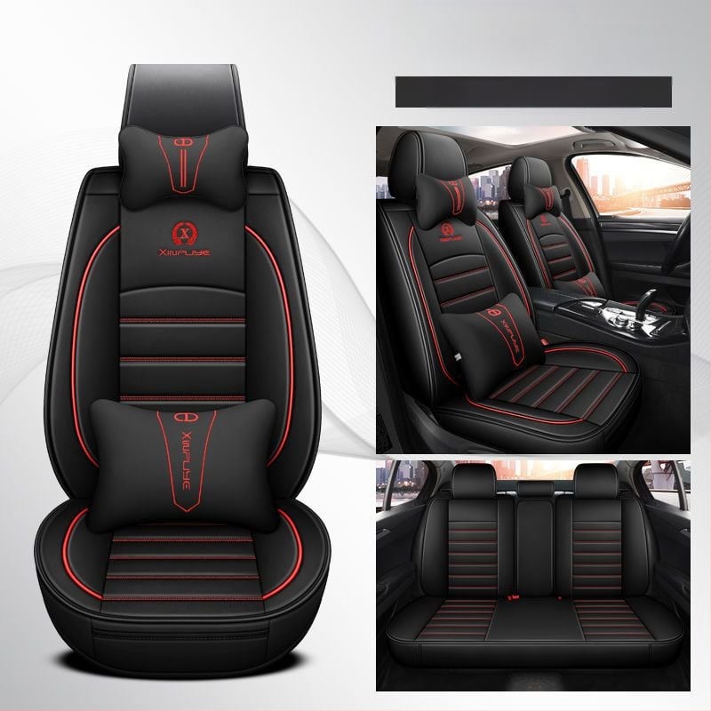 Universalus keturių sezonų automobilio sėdynių užvalkalų rinkinys iš mikropluošto odos, siuvinėtais kraštais, sportinio stiliaus, su išspausdintu logotipu