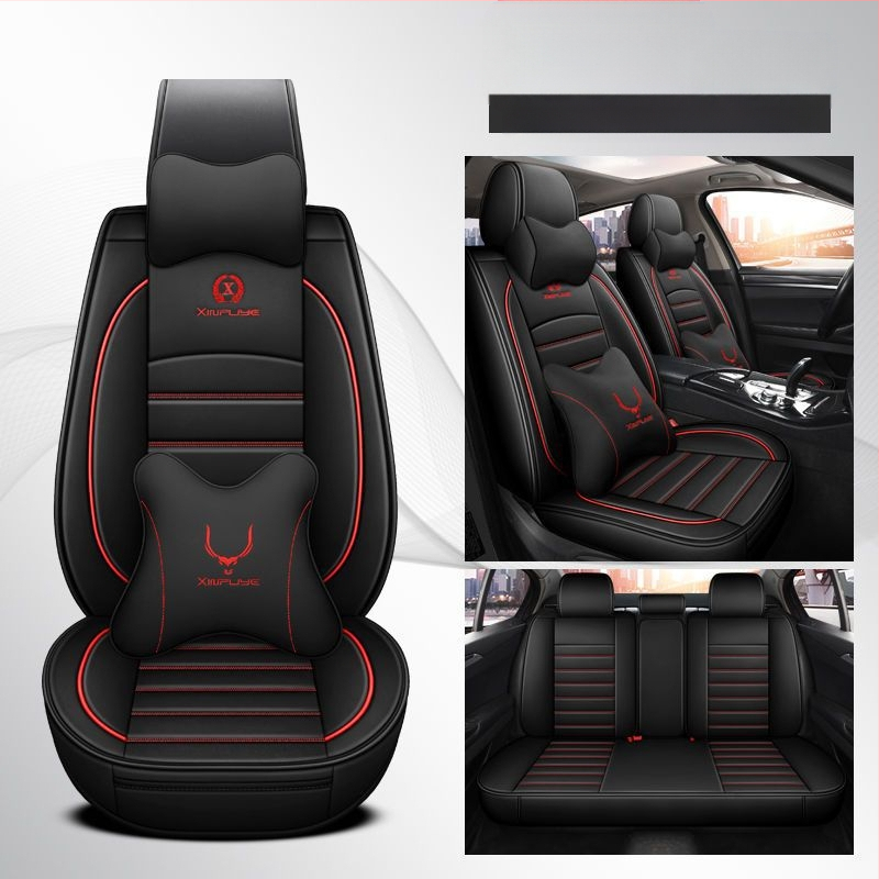 Universalus keturių sezonų automobilio sėdynių užvalkalų rinkinys iš mikropluošto odos, siuvinėtais kraštais, sportinio stiliaus, su išspausdintu logotipu