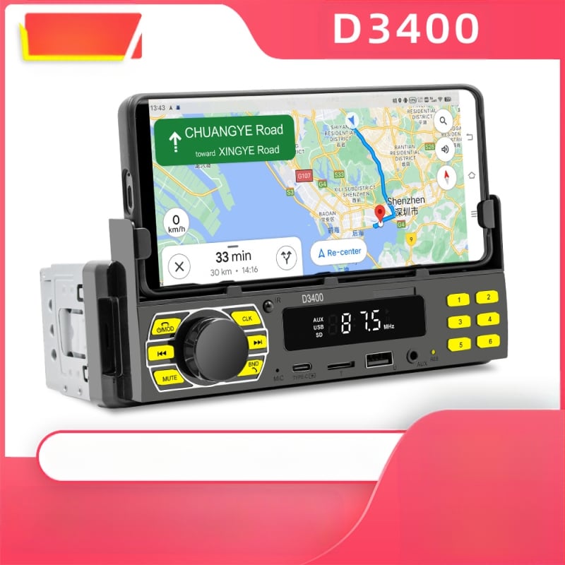 Auto MP3 atskaņotāja turētājs ar Bluetooth, hands-free, FM radio, 12V barošana, ISO interfeiss – Modelis D3400