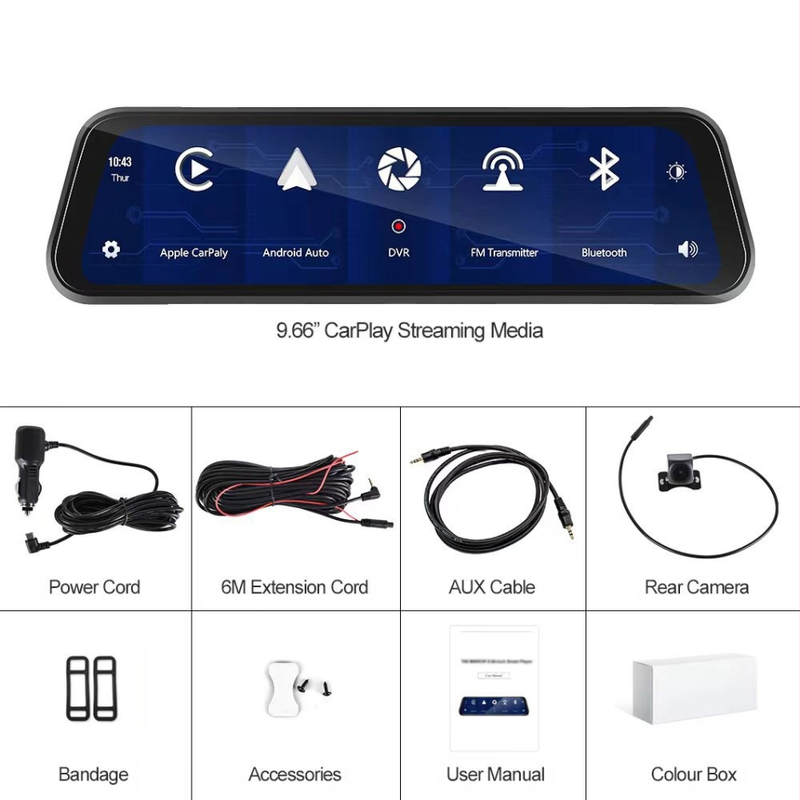 MR966 Aizmugurējā spogulī automašīnām DVR, 1080P, Dual Core, 1GB RAM, Type-C savienojums