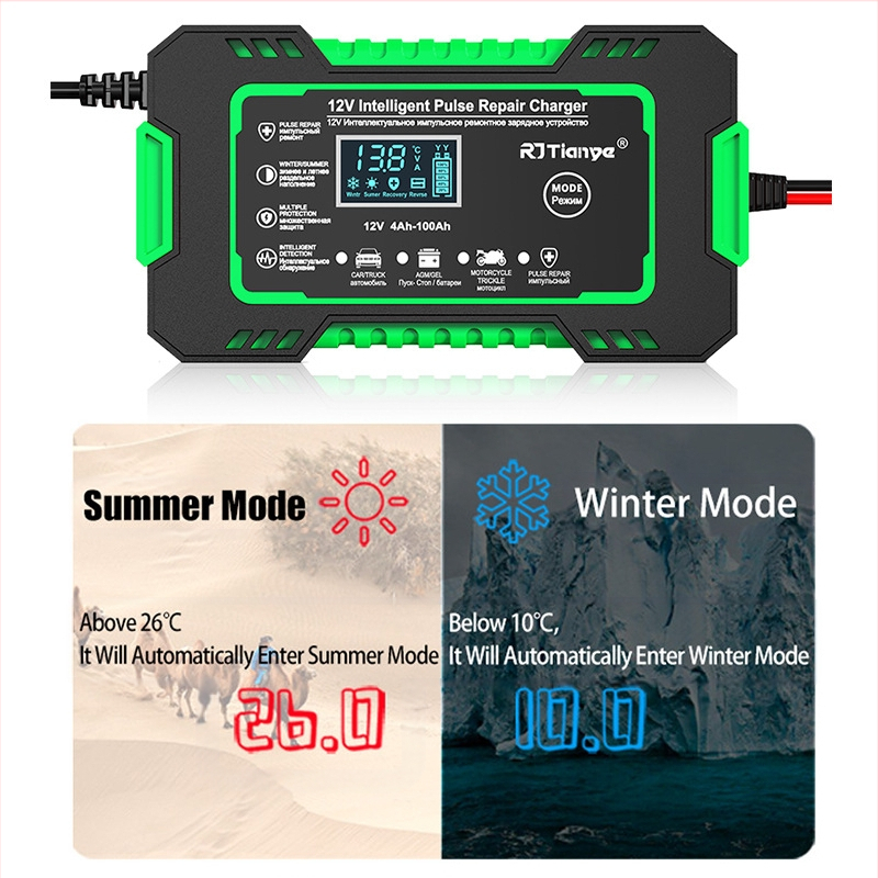 Зарядно за акумулатори за мотори, SUV и автомобили с LCD дисплей, пулсово възстановяване, 6A, вход 110–220V, изход 13.8–15.5V