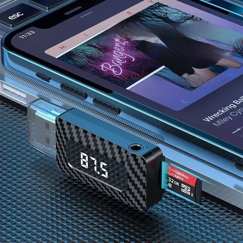 USB-s Bluetooth audió adapter és vevő autóhoz, Bluetooth 5.0 FM transzmitter, 87,5–108 MHz, 10 m hatótávolság, 5V tápegység