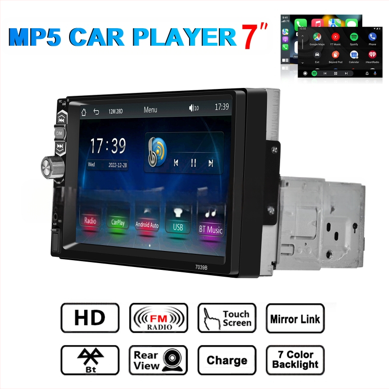 MP5 auto multimediju atskaņotājs ar bezvadu CarPlay/Auto funkciju un mikrofonu; barošanas spriegums 12–24V DC; atbalstītie video formāti MKV/AVI/TS/TP/MP4/M4V; 1 gada garantija