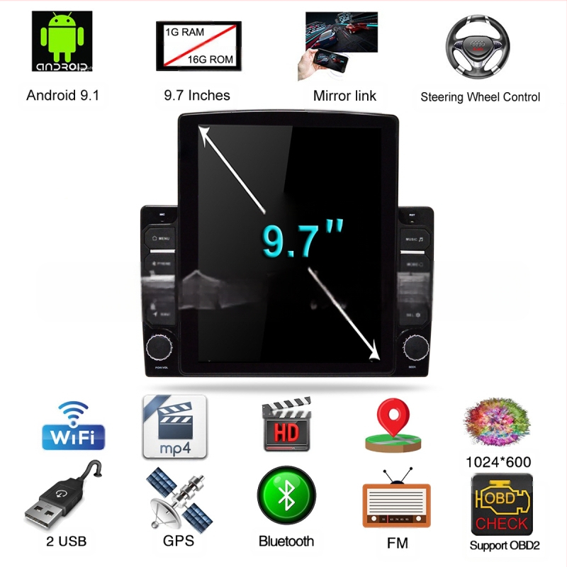 Android MP5 auto navigācijas sistēma ar Bluetooth un Wi-Fi, vertikālais IPS 2.5D displejs, 4x45W jaudas izvads, DC 12V barošana
