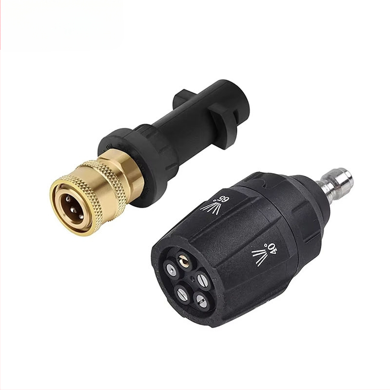 Augstas spiediena mazgāšanas pistoles galva, 5‑in‑1 uzgalis, 1/4″ ātrās pieslēgvienas, misiņa galva, spiediens 4000 psi, izsmidzināšanas diapazons 3–10 m, svars 131 g