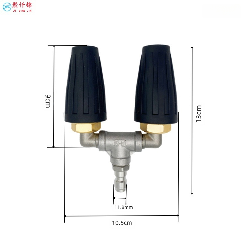 Augstas spiedes auto mazgāšanas pistole ar divām šļaujām un 360° rotējošu galvu; keramiskā sprausla ar sirdi; korpuss no alumīnija un nerūsējošā tērauda; nerūsējošā tērauda savienojums