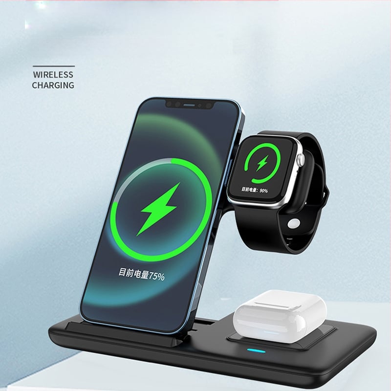 Belaidinė įkrovimo stalo laikiklis telefonui, sulankstomas, trys viename, magnetinis įkrovimas, greitas įkrovimas 15W