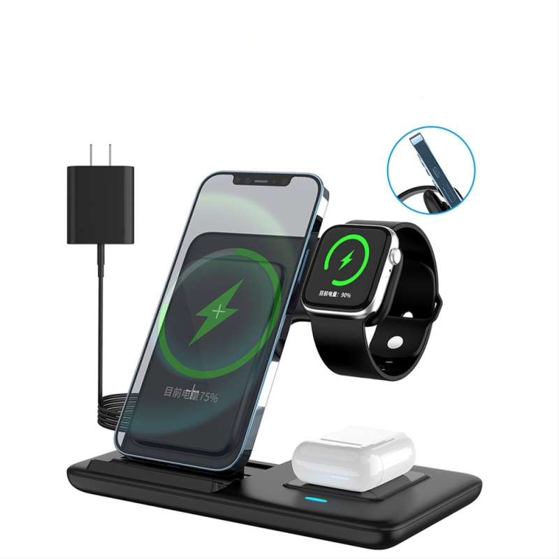Belaidinė įkrovimo stalo laikiklis telefonui, sulankstomas, trys viename, magnetinis įkrovimas, greitas įkrovimas 15W