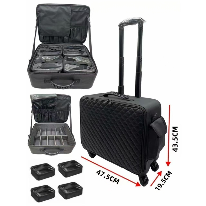 Profesionalus makiažo krepšys iš PU su deimantiniu siuvimu, užtrauktukas, universalūs ratai, didelė talpa