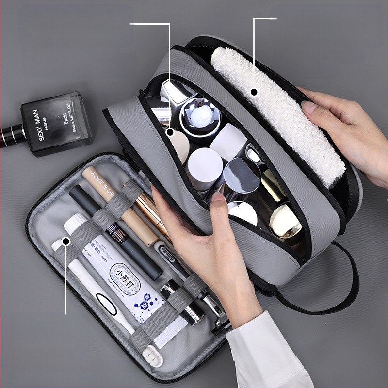 Kelioninis kosmetinis krepšys - odos plėvė, miesto paprastumas, atsparus vandeniui, kosmetikai ir makiažui saugoti (Medžiaga: odos plėvelė; Stilius: miesto paprastumas; Funkcija: atsparus vandeniui)