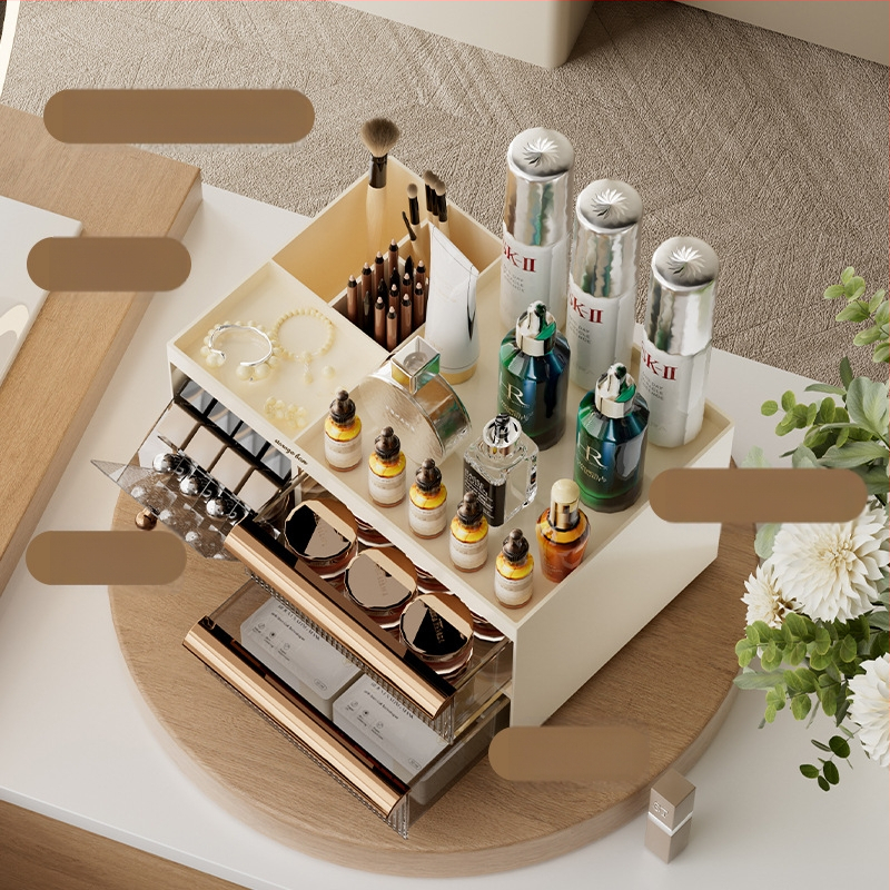 Savarankiškai sukurta kosmetikos laikymo dėžutė, stalinis kosmetikos organizatorius, PET+ABS medžiaga, logotipo spauda, pritaikymas galimas, šviesus prabangos stilius