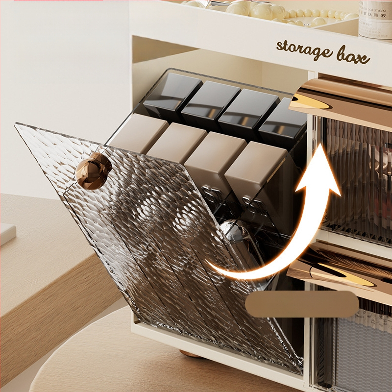 Savarankiškai sukurta kosmetikos laikymo dėžutė, stalinis kosmetikos organizatorius, PET+ABS medžiaga, logotipo spauda, pritaikymas galimas, šviesus prabangos stilius