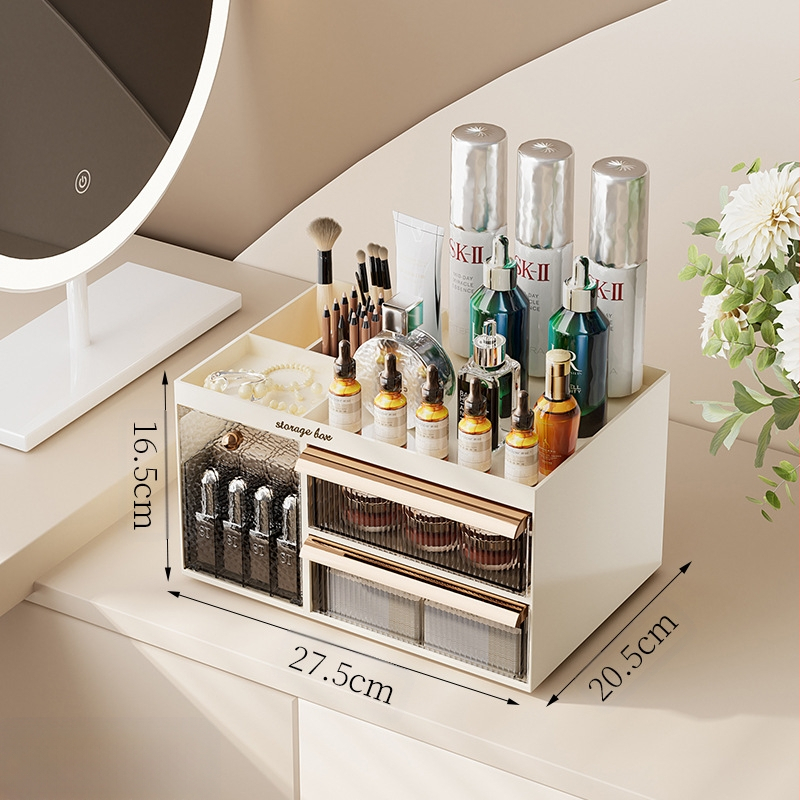 Savarankiškai sukurta kosmetikos laikymo dėžutė, stalinis kosmetikos organizatorius, PET+ABS medžiaga, logotipo spauda, pritaikymas galimas, šviesus prabangos stilius