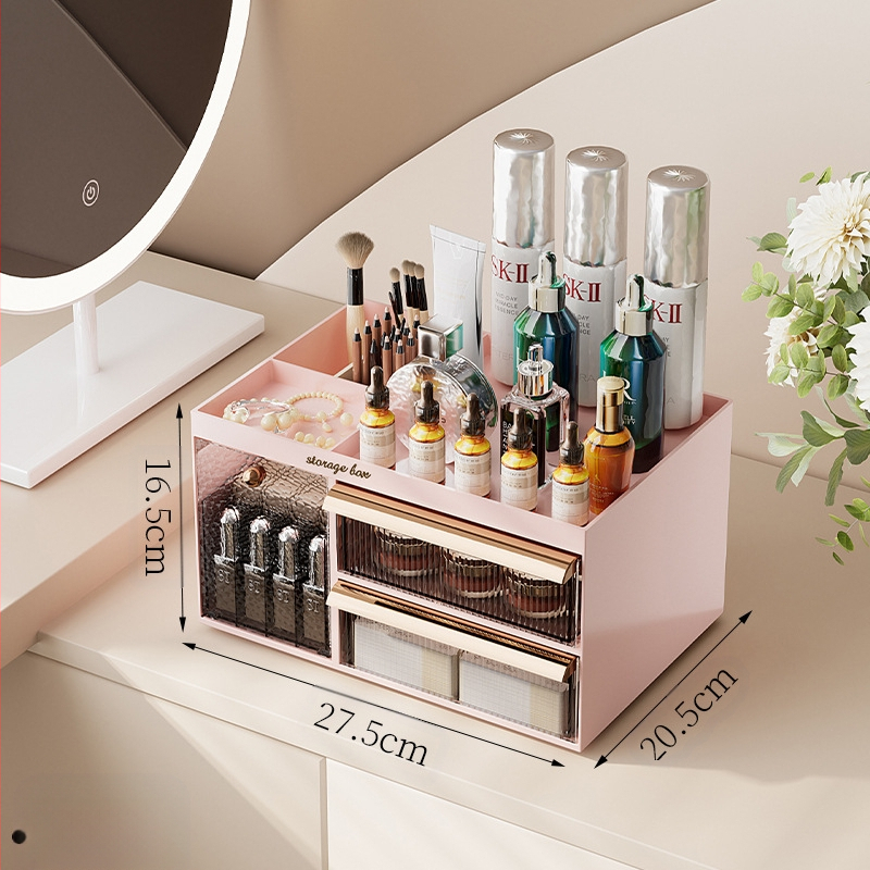 Savarankiškai sukurta kosmetikos laikymo dėžutė, stalinis kosmetikos organizatorius, PET+ABS medžiaga, logotipo spauda, pritaikymas galimas, šviesus prabangos stilius