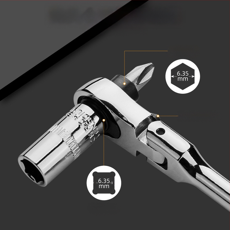 Mini ratcheto veržlė su judančia galva, dvipusis dizainas, iš chromovanadžio plieno, chromuotas paviršius, svoris 0.08 kg, dvipusė veikla