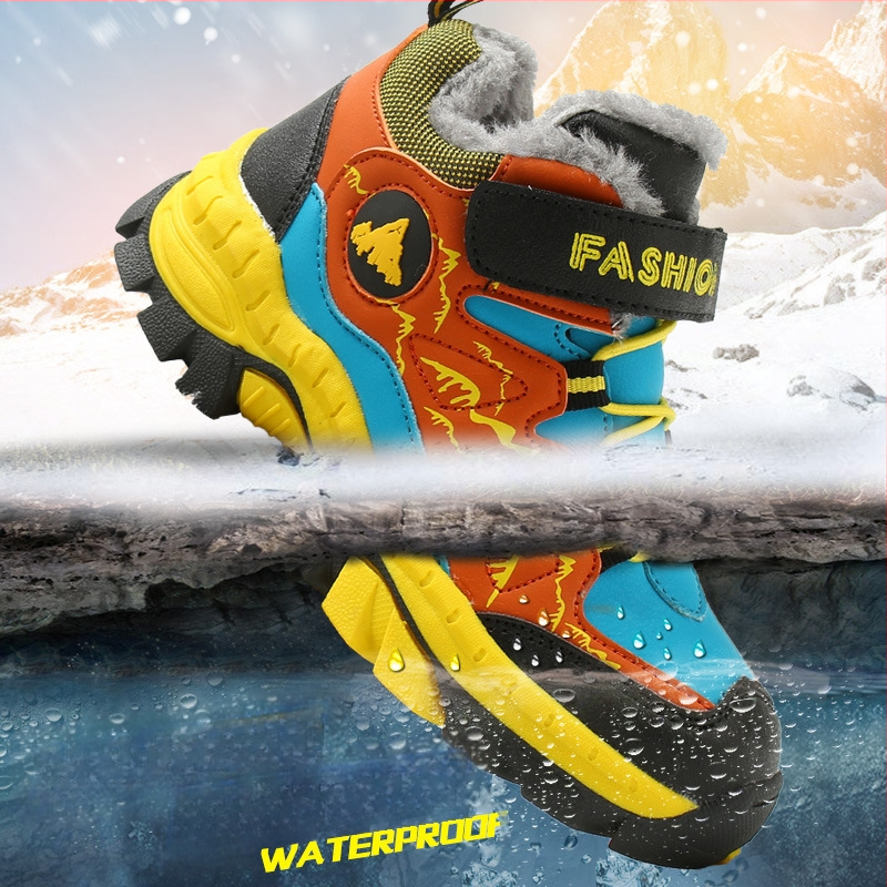 Bērnu ziemas zābaki ar Velcro aizdari, mākslīgās ādas augšdaļa, svītrainais raksts, gumijas zole, biezinātas konstrukcijas