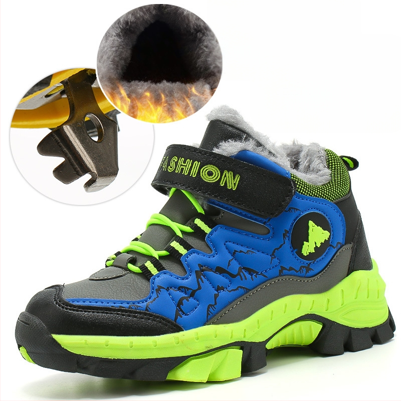 Bērnu ziemas zābaki ar Velcro aizdari, mākslīgās ādas augšdaļa, svītrainais raksts, gumijas zole, biezinātas konstrukcijas