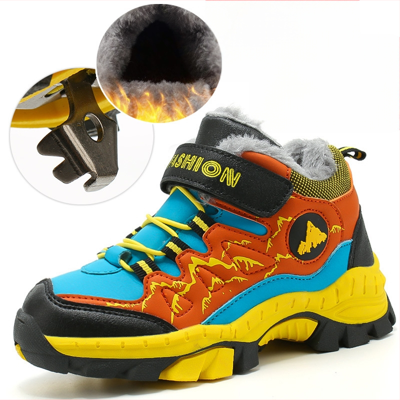 Bērnu ziemas zābaki ar Velcro aizdari, mākslīgās ādas augšdaļa, svītrainais raksts, gumijas zole, biezinātas konstrukcijas