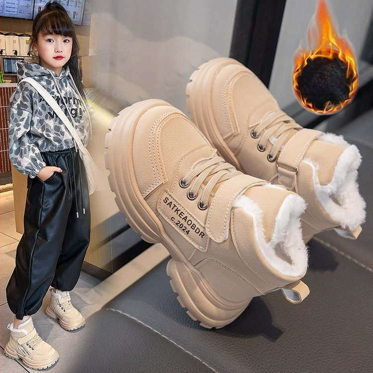 Bērnu augstie ziemas zābaki ar fleece siltinājumu un PU augšdaļu, unisex, 7–12 gadi