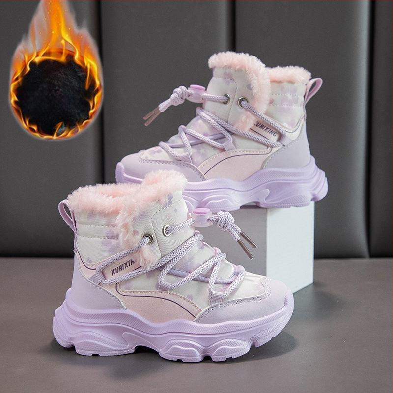 Bērnu ziemas kalnu kurpes ar vilnas oderi, bieza siltināšana, augšējā daļa no sintētiskās ādas, aizdare ar Velcro, gumijas zole