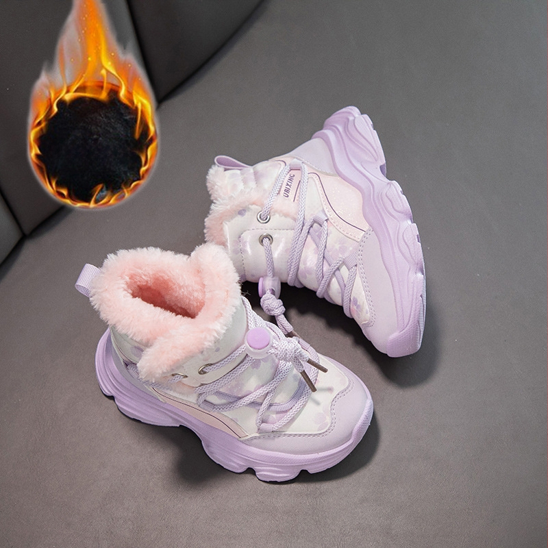 Bērnu ziemas kalnu kurpes ar vilnas oderi, bieza siltināšana, augšējā daļa no sintētiskās ādas, aizdare ar Velcro, gumijas zole