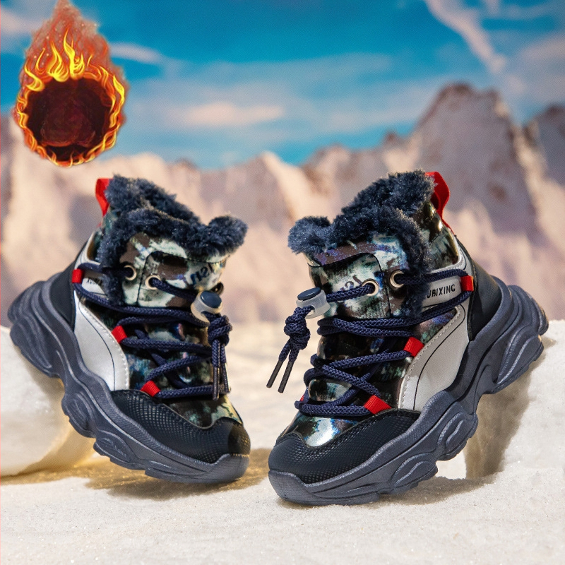 Bērnu ziemas kalnu kurpes ar vilnas oderi, bieza siltināšana, augšējā daļa no sintētiskās ādas, aizdare ar Velcro, gumijas zole