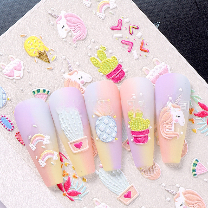 Nagai dekoruojančios lipdukai – 5D išpūstas reljefinis Helovyno dizainas su tortu, spurgų ir kaktuso motyvais – SWEET TREND OEM moterims, madingame stiliuje