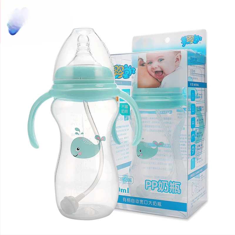Meiyingtang Μπιμπερό νεογέννητου με λαβή, PP, ευρύ λαιμό, καμπύλη μορφή, με εκτυπωμένο λογότυπο