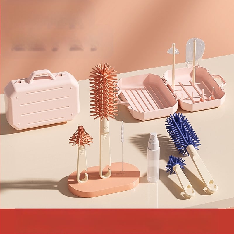 Butelių ir spenelių valymo šepetys, 3-in-1 nuimama sistema, 360° silikono ilga rankena, kūdikiams