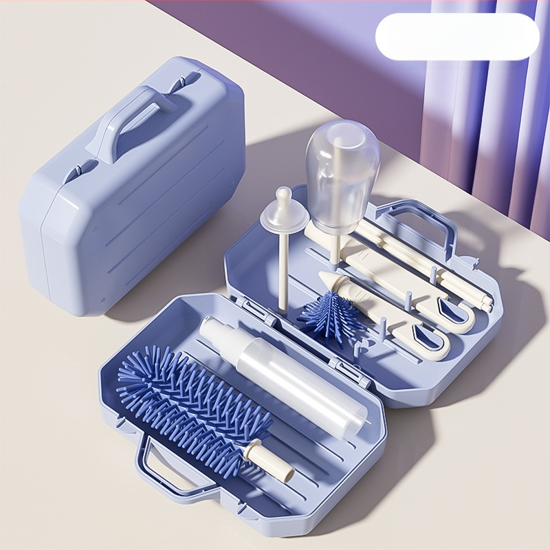 Butelių ir spenelių valymo šepetys, 3-in-1 nuimama sistema, 360° silikono ilga rankena, kūdikiams