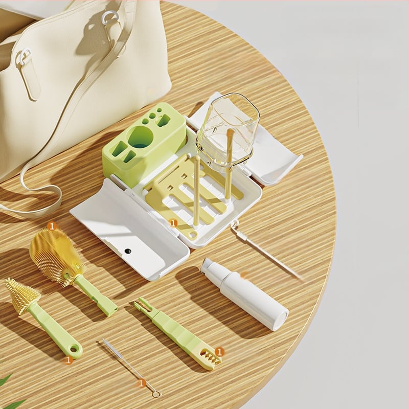 Vaikų nešiojamas dvipusis sulankstomas butelių šepetėlių rinkinys – daugiafunkcinės šepetėlių valymui puodeliams, silikoninis puodelio šepetėlis ir saugojimo dėžutė