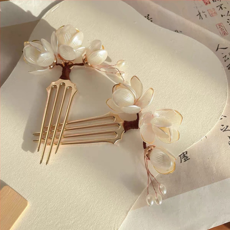 Magnolijos plaukų aksesuaras: pagamintas iš lydinio, saldus stilius, gėlių dekoras, rankų darbo, tinka festivaliams