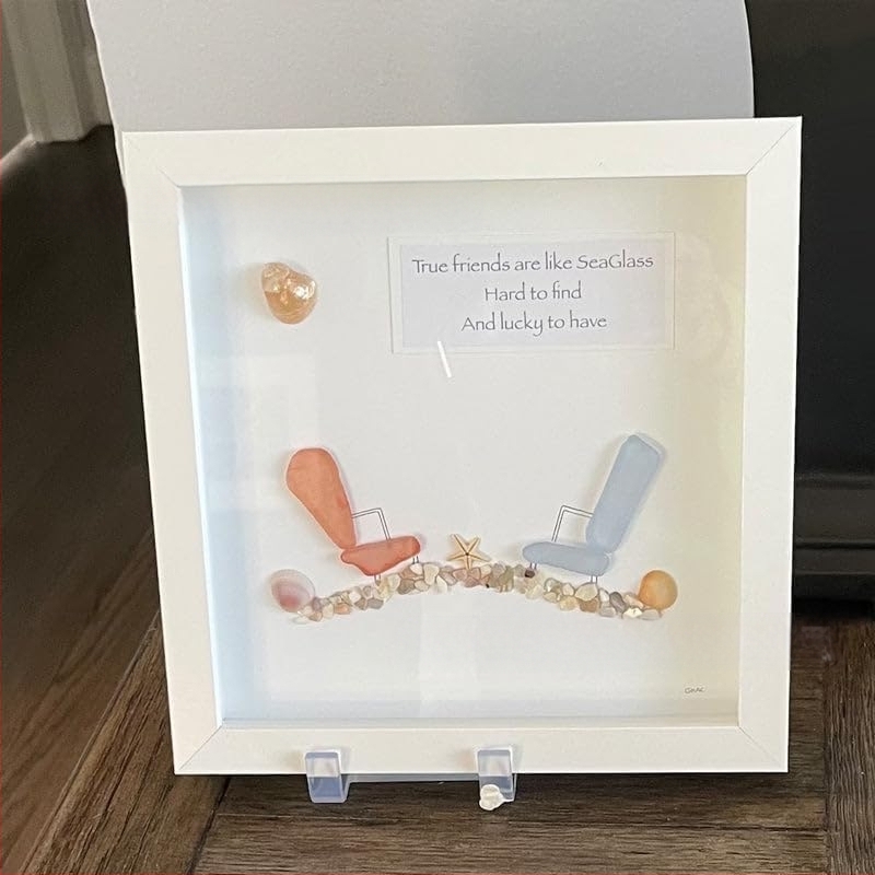 Rankų darbo jūros stiklo paplūdimio kėdė su draugystės nuotraukų rėmu — medinė, stilius k-style, dovana Kalėdoms ir Valentino dienai