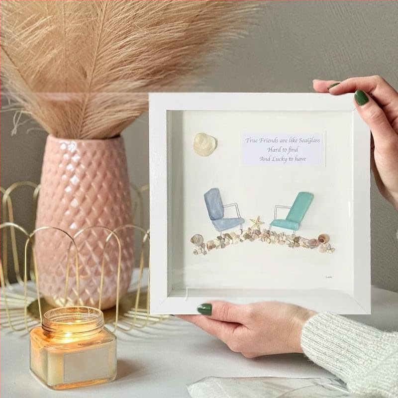 Rankų darbo jūros stiklo paplūdimio kėdė su draugystės nuotraukų rėmu — medinė, stilius k-style, dovana Kalėdoms ir Valentino dienai