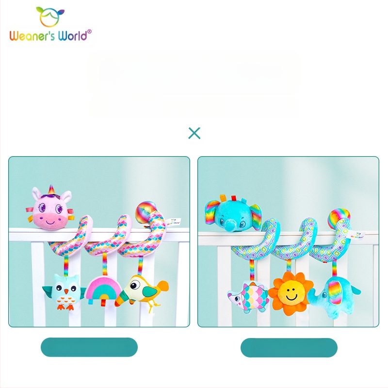 Pliušinis pakabinamas žaislas vežimėliui su varpele – interaktyvi edukacinė žaisla kūdikiams ir vaikams 0–3 metų