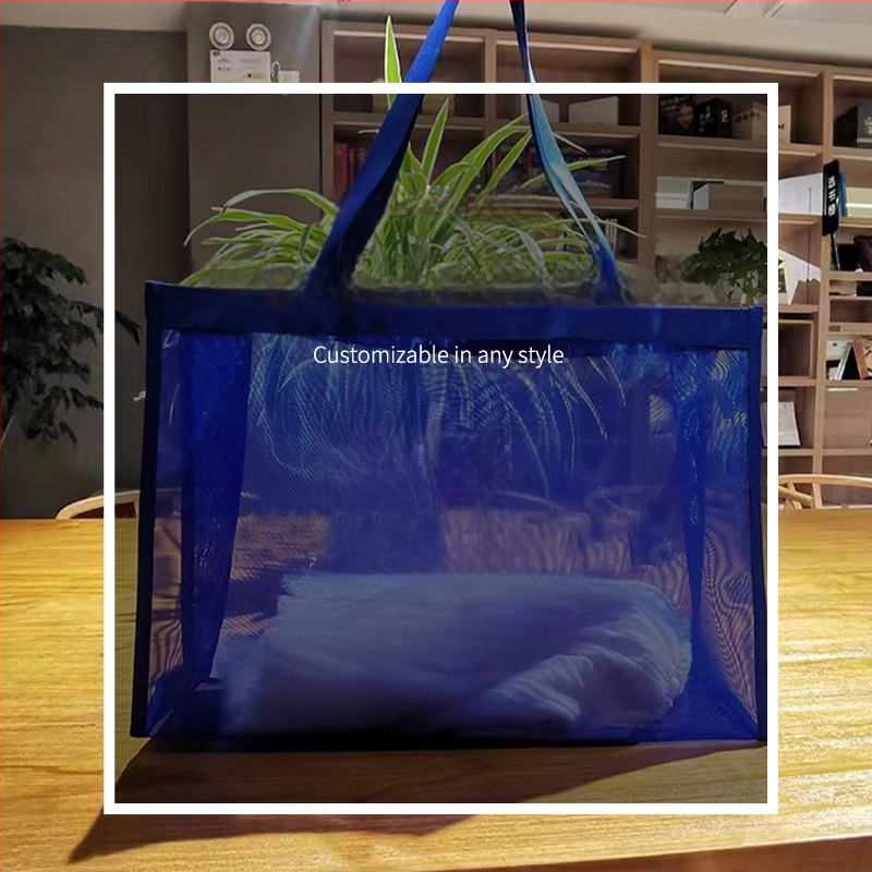 Didelio talpumo kvėpuojantis tinklinis pirkinių maišelis su rankena, galimas logotipo spausdinimas, spausdinimo būdai: šilumos perdavimas, serigrafija, ofsetas, reljefinis spausdinimas