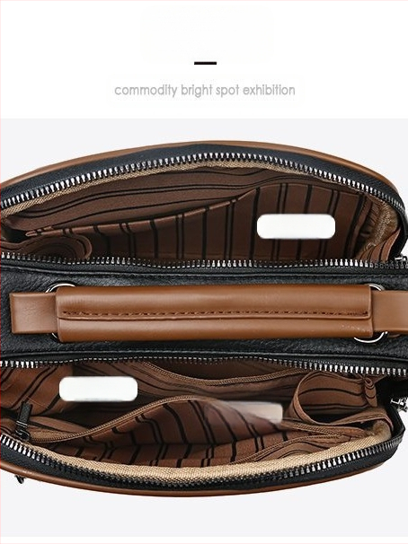 PU kvadratinė pečių krepšys su metaliniais detalėmis, užtrauktukas, poliesterio padas; vidinės kišenės: užtrauktukinė kišenė, telefono kišenė, ID kišenė; vienas pečių diržas; horizontali kvadrato forma.