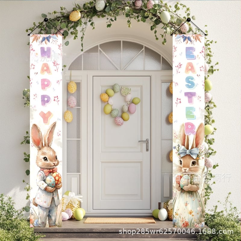 Velykų lauko banneris su kiškiu — Prekės ženklas: Tiger tiger rabbit; Vėliavos audinys: poliesteris; Vėliavos stulpo medžiaga: plastikas; Spaudos metodas: skaitmeninis spausdinimas; Spausdintas logotipas: Taip