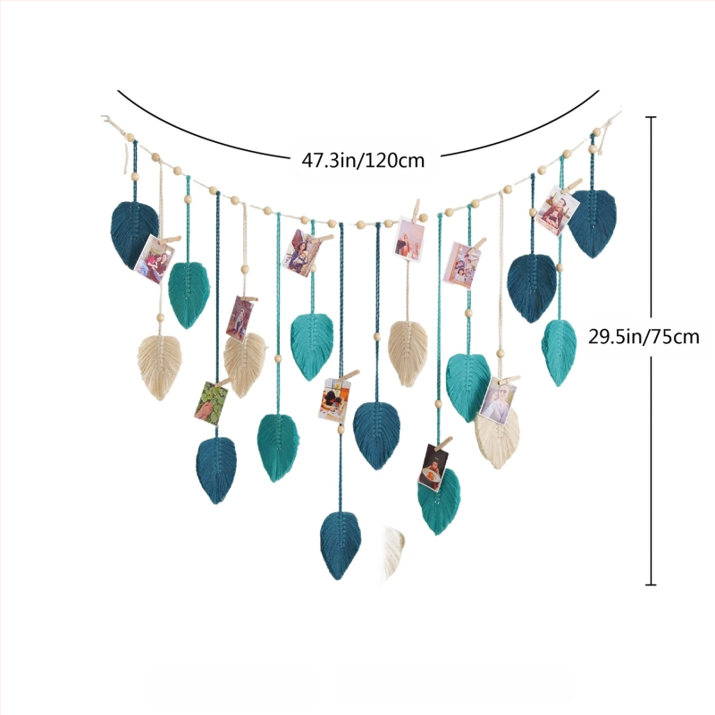 Bohemiško stiliaus mezgto virvės gobelenas, rankų darbo iš medvilnės, stačiakampio formos, mediniai karoliukai, lapų motyvai ir kutai, sienų dekoras svetainei arba miegamajam