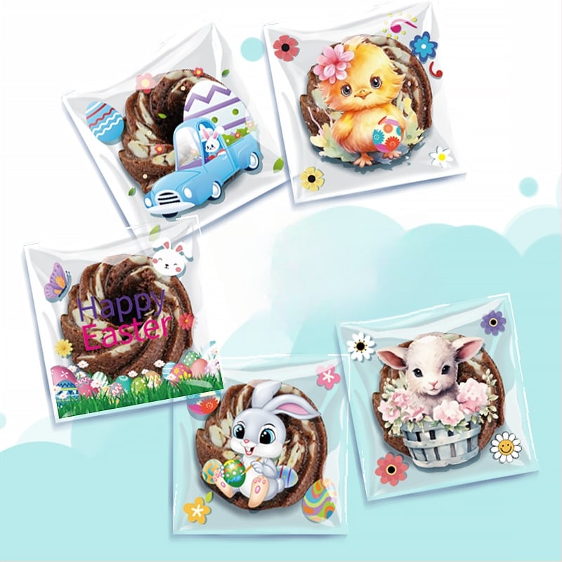 OPP lipnus dovanų maišelis su kiškučio ir Velykų kiaušinių raštu, plastinė pakuotė mažoms saldainiams — be logotipo, plokščio peilio pjovimas