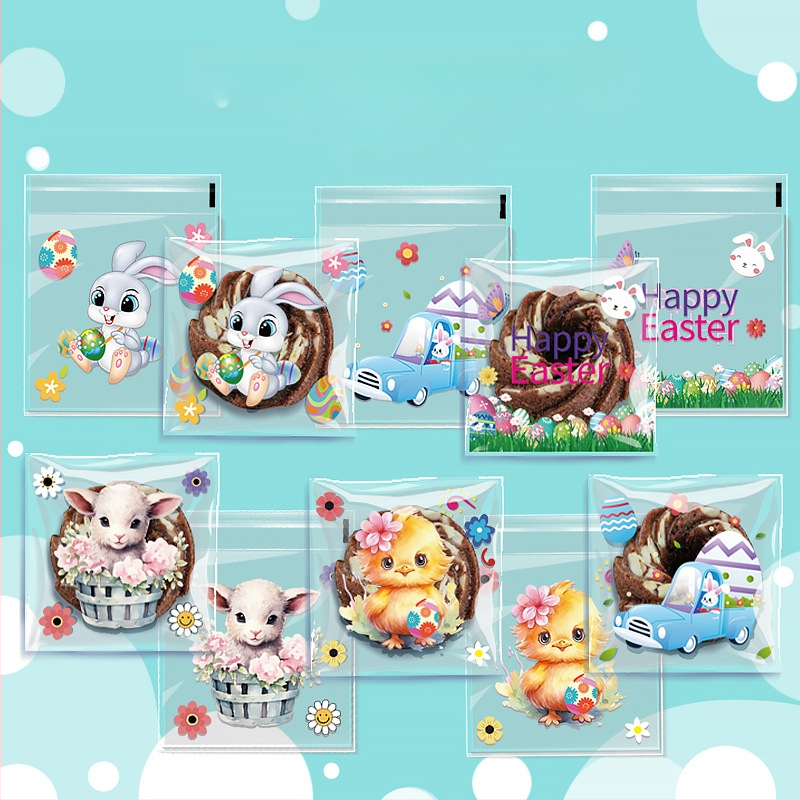 OPP lipnus dovanų maišelis su kiškučio ir Velykų kiaušinių raštu, plastinė pakuotė mažoms saldainiams — be logotipo, plokščio peilio pjovimas