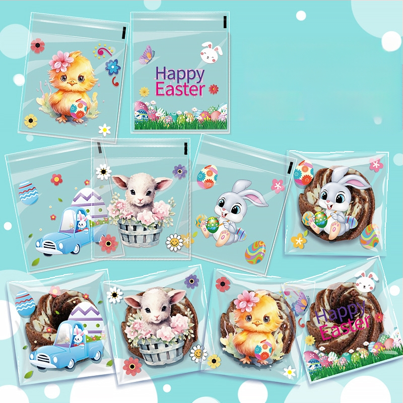 OPP lipnus dovanų maišelis su kiškučio ir Velykų kiaušinių raštu, plastinė pakuotė mažoms saldainiams — be logotipo, plokščio peilio pjovimas